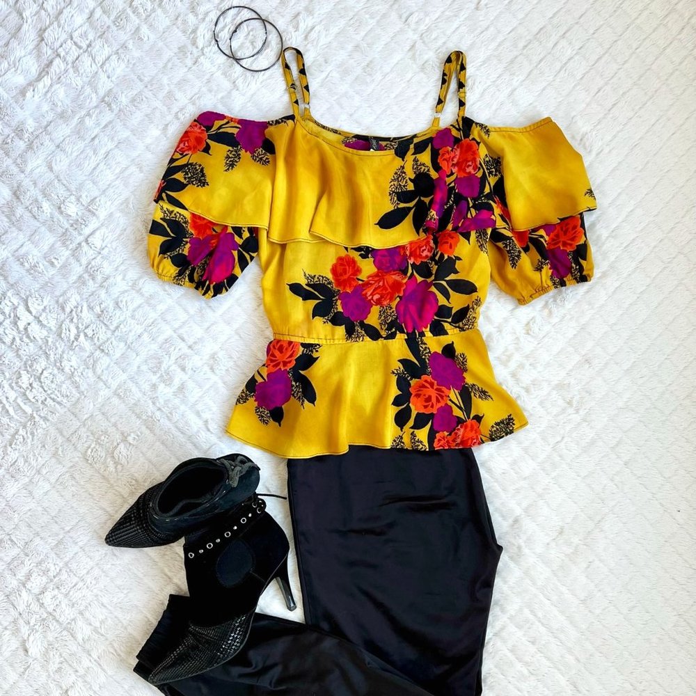 Plenty by Tracy Reese Floral Flounce Cold Shoulder Top, Size XS